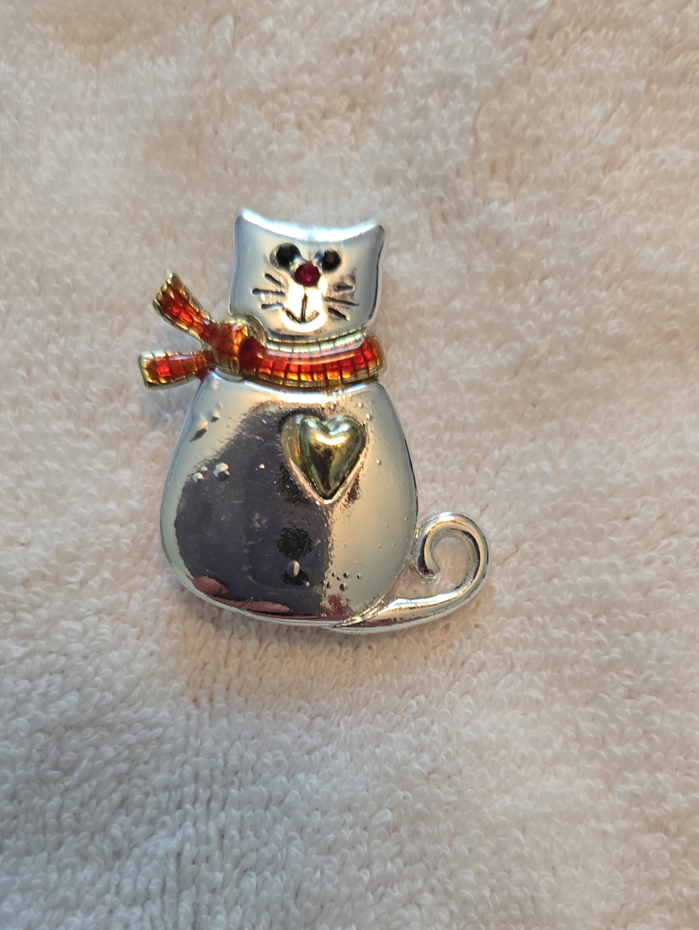 Silver Cat Pin with Red Scarf and Gold Heart